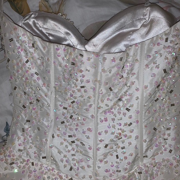 White Sequin Mini Satin Corset Princess Dress - Picture 5 of 16